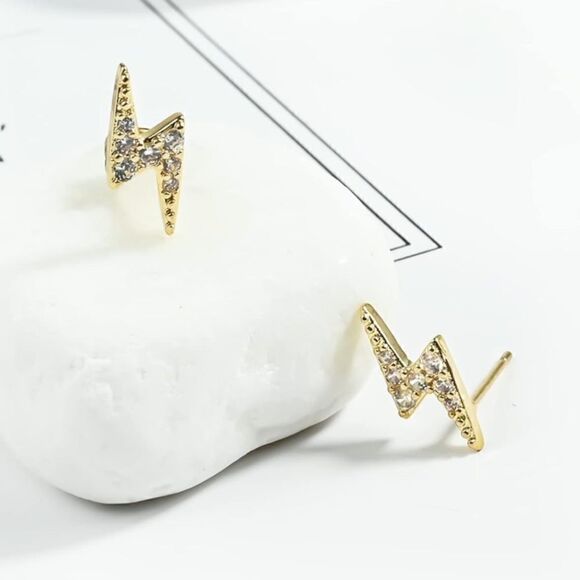 New CZ Gold over 925 Sterling Silver Lighting Bolt Stud Earrings - Picture 7 of 11